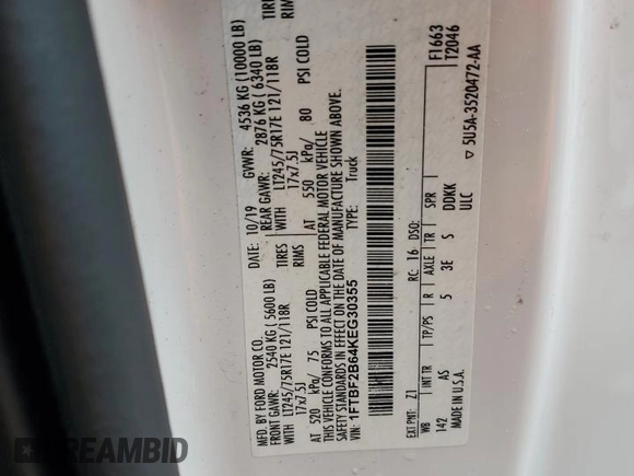 2019 Ford F-250 XL с VIN 1FTBF2B64KEG30355, выставлен на аукционе Copart как лот 60664575 с пробегом 97 072 миль миль и Чистый • Clean title. История ставок и продаж доступна на DreamBid. Изображение 12.