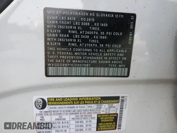2012 Volkswagen Touareg с VIN WVGEG9BP1CD007581, выставлен на аукционе Copart как лот 47958355 с пробегом 79 649 миль миль и Списание • Salvage title. История ставок и продаж доступна на DreamBid. Изображение 12.