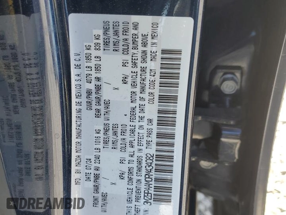 2024 Mazda 3 S with VIN 3MZBPAAM0RM434082, listed as a Copart auction lot 48806075 with 20,614 mi miles and Salvage Title. Bid and sale history available at DreamBid. Image 12.