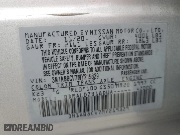 2021 Nissan Sentra SV with VIN 3N1AB8CV7MY219329, listed as a Copart auction lot 49722724 with 66,244 mi miles and Salvage Title. Bid and sale history available at DreamBid. Image 12.