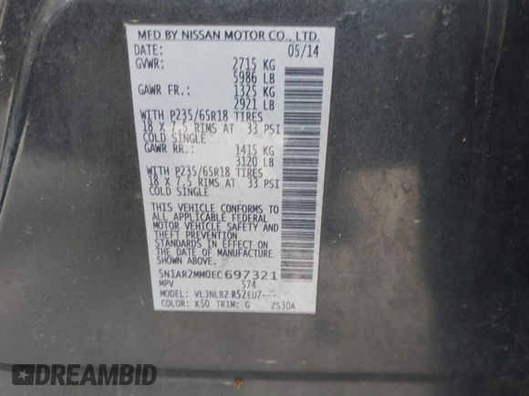 2014 Nissan Pathfinder S z VIN 5N1AR2MM0EC697321, wystawiony jako IAAI lot #41753392 z przebiegiem 170 118 mil mil oraz . Historia ofert i sprzedaży dostępna na DreamBid. Obrazek 9.