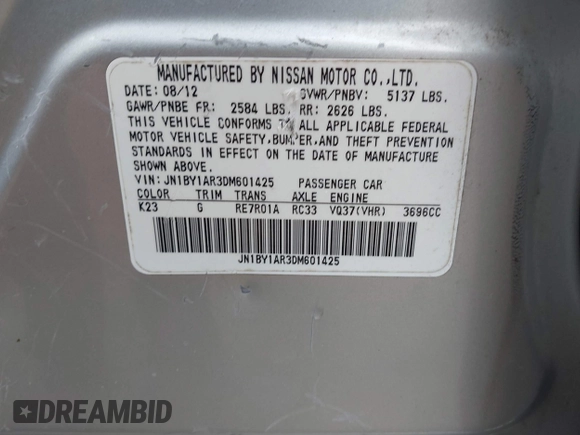 2013 Infiniti M with VIN JN1BY1AR3DM601425, listed as a IAAI auction lot 42238952 with 180,023 mi miles and . Bid and sale history available at DreamBid. Image 9.