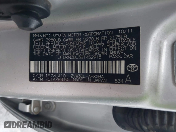 2011 Toyota Prius I with VIN JTDKN3DU3B1452918, listed as a IAAI auction lot 41513974 with 345,329 mi miles and . Bid and sale history available at DreamBid. Image 9.