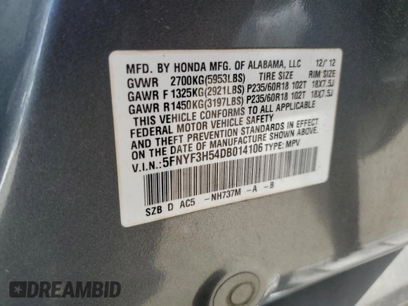 2013 Honda Pilot EX-L с VIN 5FNYF3H54DB014106, выставлен на аукционе Copart как лот 59169735 с пробегом 180 666 миль миль и Списание • Salvage title. История ставок и продаж доступна на DreamBid. Изображение 13.