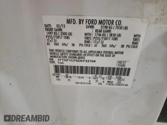2013 Ford F-150 XL with VIN 1FTNF1CF0DKF22194, listed as a Copart auction lot 46987505 with 149,978 mi miles and Salvage title. Bid and sale history available at DreamBid. Image 14.