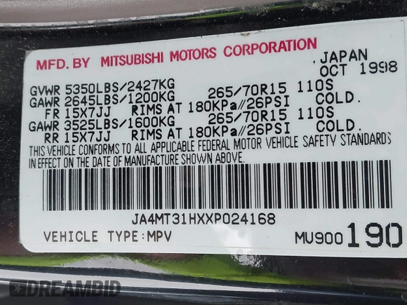 1999 Mitsubishi Montero Sport LS with VIN JA4MT31HXXP024168, listed as a IAAI auction lot 42064951 with 123,539 mi miles. Bid and sale history available at carsss.com. Image 9.