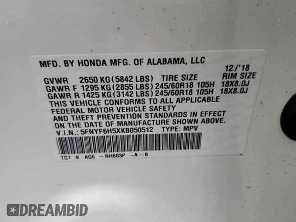 2019 Honda Pilot EX-L with VIN 5FNYF6H5XKB050512, listed as a Copart auction lot 57701295 with 49,031 mi miles and Salvage title. Bid and sale history available at DreamBid. Image 13.