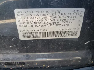 2010 Volkswagen CC Sport with VIN WVWNN7ANXAE553026, listed as a Copart auction lot 81978474 with 0 mi miles and Salvage Title. Bid and sale history available at carsss.com. Image 14.