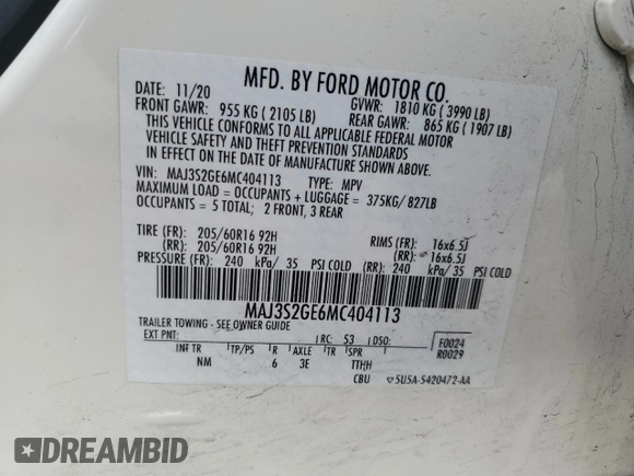 2021 Ford EcoSport SE with VIN MAJ3S2GE6MC404113, listed as a Copart auction lot 46473205 with 66,629 mi miles and Salvage Title. Bid and sale history available at carsss.com. Image 15.