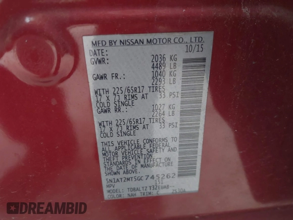 2016 Nissan Rogue SL with VIN 5N1AT2MT5GC745262, listed as a IAAI auction lot 41271388 with 122,696 mi miles. Bid and sale history available at carsss.com. Image 9.