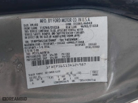 2003 Ford Taurus SEL with VIN 1FAFP56S13A124987, listed as a IAAI auction lot 41626121 with 197,237 mi miles. Bid and sale history available at carsss.com. Image 9.