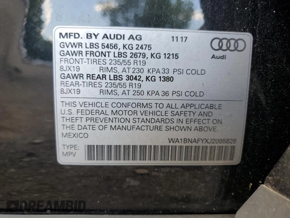 2018 Audi Q5 Premium Plus with VIN WA1BNAFYXJ2095826, listed as a Copart auction lot 61808125 with 33,211 mi miles and Salvage title. Bid and sale history available at DreamBid. Image 12.