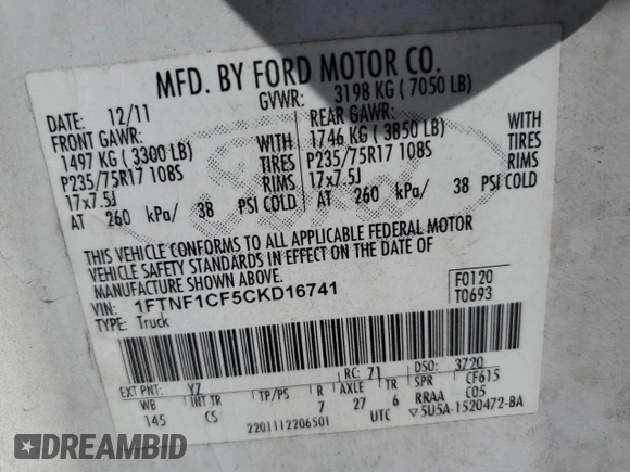 2012 Ford F-150 XL with VIN 1FTNF1CF5CKD16741, listed as a Copart auction lot 53306035 with 336,777 mi miles and Salvage title. Bid and sale history available at DreamBid. Image 14.
