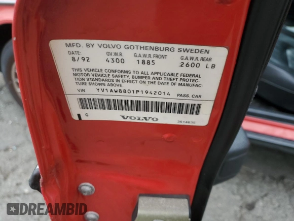 1993 Volvo 240 with VIN YV1AW8801P1942014, listed as a Copart auction lot 69491174 with 145,809 mi miles and Salvage title. Bid and sale history available at DreamBid. Image 14.