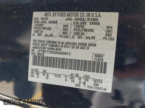 2003 Ford F-150 XL with VIN 1FTRF17243NA05812, listed as a IAAI auction lot 41995524 with 91,541 mi miles and . Bid and sale history available at DreamBid. Image 9.