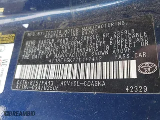 2007 Toyota Camry CE with VIN 4T1BE46K77U147442, listed as a IAAI auction lot 42058750 with 1 mi miles. Bid and sale history available at carsss.com. Image 9.