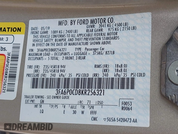 2019 Ford Fusion SEL with VIN 3FA6P0CD8KR256321, listed as a IAAI auction lot 41999502 with 67,500 mi miles. Bid and sale history available at carsss.com. Image 9.