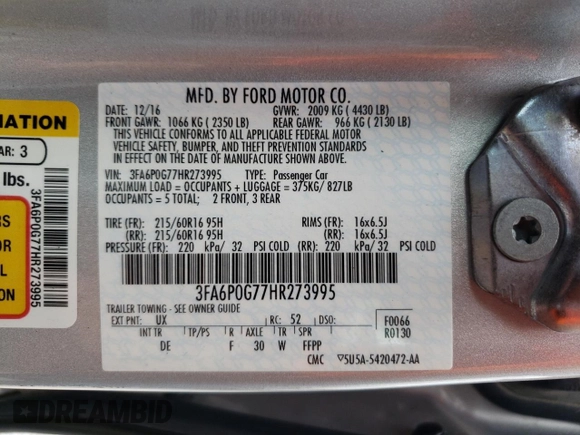 2017 Ford Fusion S with VIN 3FA6P0G77HR273995, listed as a Copart auction lot 82822813 with 113,568 mi miles and Non Repairable. Bid and sale history available at DreamBid. Image 10.