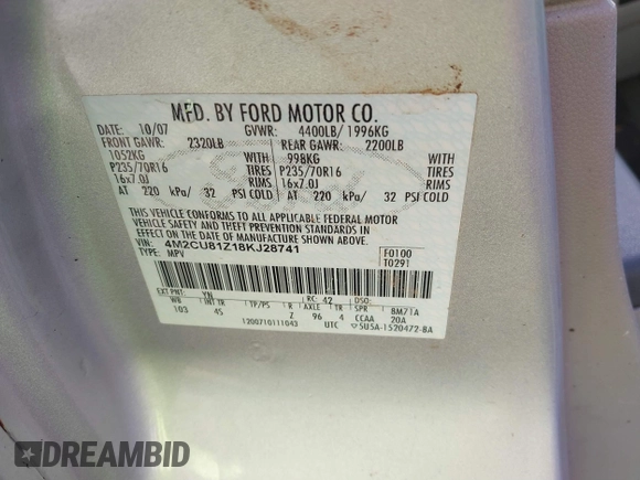 2008 Mercury Mariner с VIN 4M2CU81Z18KJ28741, выставлен на аукционе IAAI как лот 41451859 с пробегом 199 818 миль миль и . История ставок и продаж доступна на DreamBid. Изображение 9.