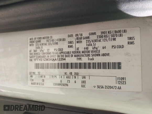 2019 Ford Transit with VIN 1FTYE1ZM3KKA12294, listed as a IAAI auction lot 42050578 with 288,081 mi miles. Bid and sale history available at carsss.com. Image 9.