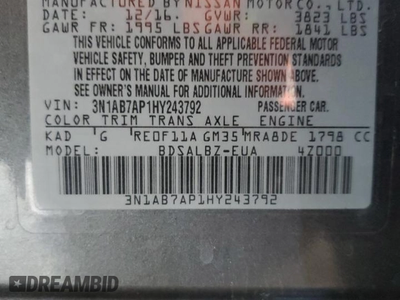 2017 Nissan Sentra S with VIN 3N1AB7AP1HY243792, listed as a Copart auction lot 60891245 with 86,030 mi miles and Salvage title. Bid and sale history available at DreamBid. Image 12.