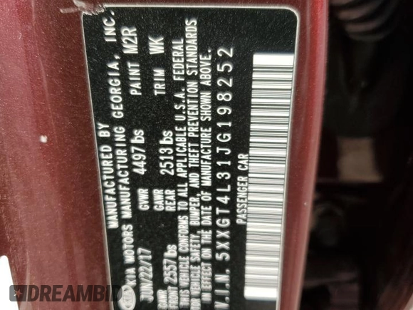 2018 Kia Optima S z VIN 5XXGT4L31JG198252, wystawiony jako Copart lot #49703955 z przebiegiem 136 254 mil mil oraz Szkoda całkowita • Salvage title. Historia ofert i sprzedaży dostępna na DreamBid. Obrazek 12.