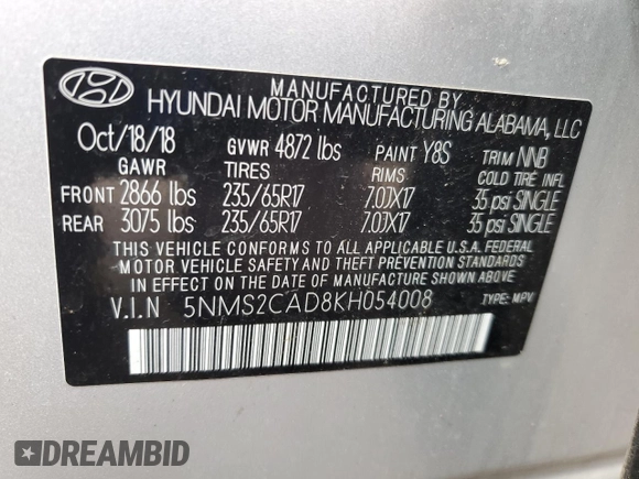 2019 Hyundai Santa Fe SE with VIN 5NMS2CAD8KH054008, listed as a Copart auction lot 65725175 with 84,352 mi miles and Clean title. Bid and sale history available at DreamBid. Image 13.