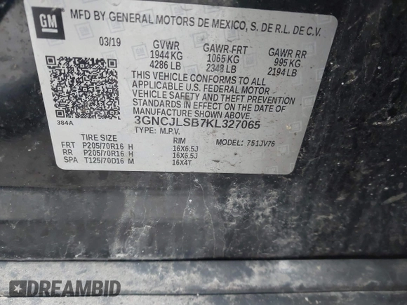 2019 Chevrolet Trax LT z VIN 3GNCJLSB7KL327065, wystawiony jako IAAI lot #42005861 z przebiegiem 84 795 mil mil oraz . Historia ofert i sprzedaży dostępna na DreamBid. Obrazek 9.