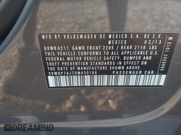 2013 Volkswagen Jetta SE с VIN 3VWDP7AJ7DM430198, выставлен на аукционе IAAI как лот 42737299 с пробегом 128 637 миль миль и . История ставок и продаж доступна на DreamBid. Изображение 9.