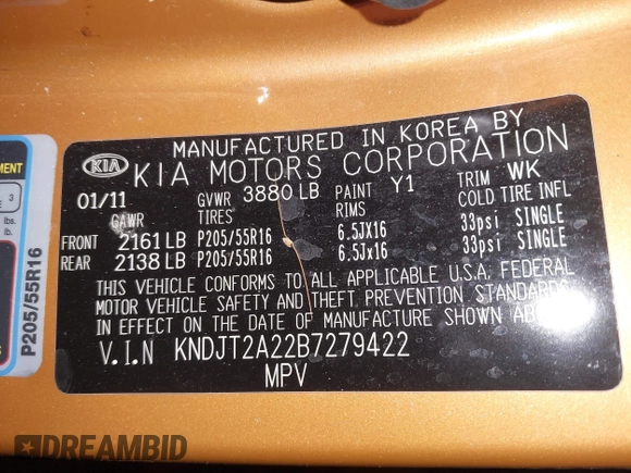 2011 Kia Soul + with VIN KNDJT2A22B7279422, listed as a IAAI auction lot 42077427 with 192,832 mi miles. Bid and sale history available at carsss.com. Image 9.