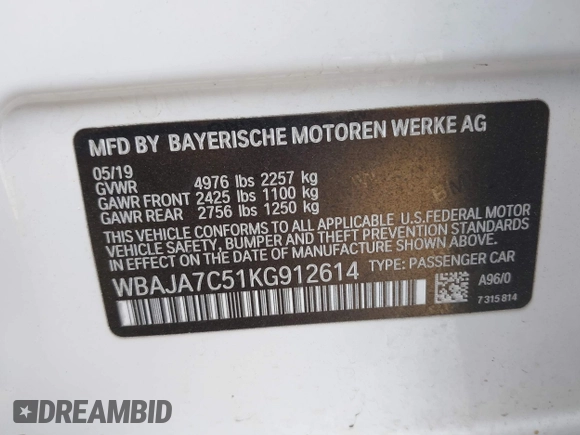 2019 BMW 5 Series 530i xDrive with VIN WBAJA7C51KG912614, listed as a IAAI auction lot 41516131 with 91,022 mi miles and . Bid and sale history available at DreamBid. Image 9.