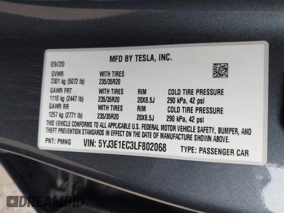 2020 Tesla Model 3 Performance z VIN 5YJ3E1EC3LF802068, wystawiony jako IAAI lot #41886024 z przebiegiem 50 271 mil mil oraz . Historia ofert i sprzedaży dostępna na DreamBid. Obrazek 9.