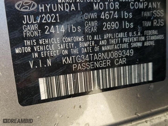 2022 Genesis G70 2.0T with VIN KMTG34TA8NU089349, listed as a Copart auction lot 47047565 with NaN miles and Salvage Title. Bid and sale history available at carsss.com. Image 13.