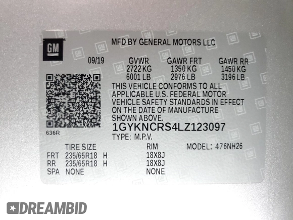 2020 Cadillac XT5 Premium Luxury FWD with VIN 1GYKNCRS4LZ123097, listed as a Copart auction lot 44147615 with 168,963 mi miles and Clean title. Bid and sale history available at DreamBid. Image 14.
