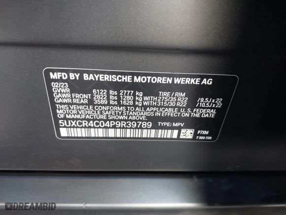 2023 BMW X5 sDrive40i with VIN 5UXCR4C04P9R39789, listed as a IAAI auction lot 41140218 with 1 mi miles. Bid and sale history available at carsss.com. Image 9.