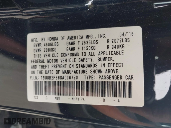 2016 Acura TLX Technology with VIN 19UUB2F56GA008720, listed as a IAAI auction lot 42157954 with 81,716 mi miles and . Bid and sale history available at DreamBid. Image 9.