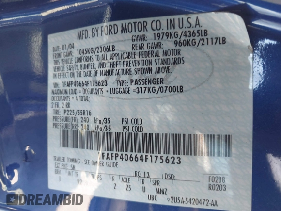 2004 Ford Mustang Standard with VIN 1FAFP40664F175623, listed as a IAAI auction lot 42147276 with 105,563 mi miles and . Bid and sale history available at DreamBid. Image 9.