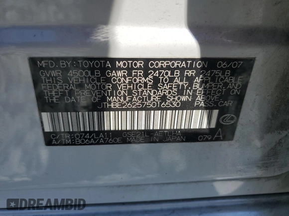 2007 Lexus IS 350 with VIN JTHBE262575016530, listed as a Copart auction lot 50787745 with 281,215 mi miles and Clean Title. Bid and sale history available at DreamBid. Image 12.