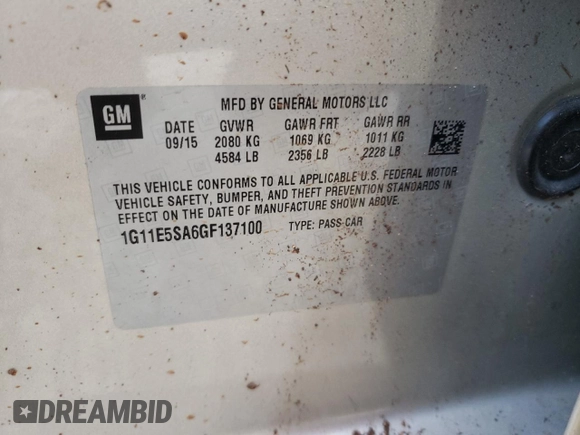 2016 Chevrolet Malibu LTZ with VIN 1G11E5SA6GF137100, listed as a Copart auction lot 52438645 with 162,602 mi miles and Salvage Title. Bid and sale history available at DreamBid. Image 12.