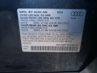 2019 Audi Q5 Premium with VIN WA1ANAFY9K2080456, listed as a Copart auction lot 70509152 with 52,405 mi miles. Bid and sale history available at carsss.com. Image 13.