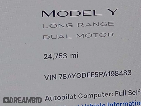 2023 Tesla Model Y Long Range with VIN 7SAYGDEE5PA198483, listed as a IAAI auction lot 41433952 with 24,753 mi miles and . Bid and sale history available at DreamBid. Image 16.