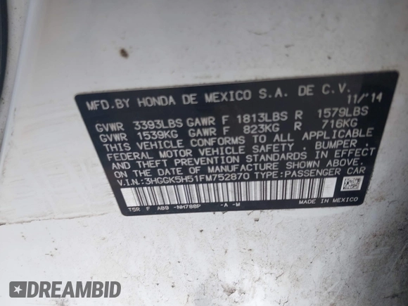 2015 Honda Fit LX with VIN 3HGGK5H51FM752870, listed as a IAAI auction lot 42378020 with 109,698 mi miles and . Bid and sale history available at DreamBid. Image 9.