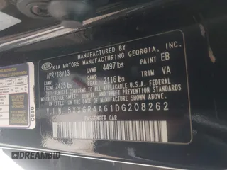 2013 Kia Optima SX with VIN 5XXGR4A61DG208262, listed as a IAAI auction lot 42478895 with 229,916 mi miles and . Bid and sale history available at DreamBid. Image 9.