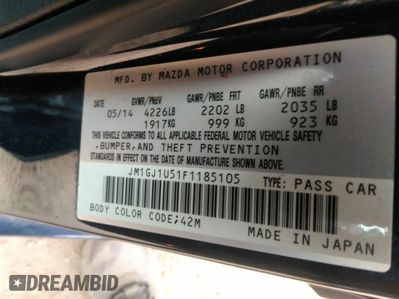2015 Mazda 6 i Sport with VIN JM1GJ1U51F1185105, listed as a IAAI auction lot 41287570 with 133,016 mi miles and . Bid and sale history available at carsss.com. Image 9.