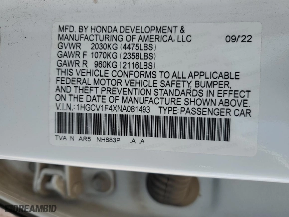 2022 Honda Accord Sedan Sport SE with VIN 1HGCV1F4XNA081493, listed as a Copart auction lot 53209525 with 34,316 mi miles and Salvage Title. Bid and sale history available at carsss.com. Image 14.