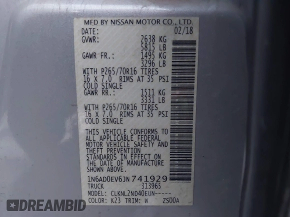 2018 Nissan Frontier Pro-4X with VIN 1N6AD0EV6JN741929, listed as a IAAI auction lot 40893386 with 87,854 mi miles and . Bid and sale history available at DreamBid. Image 9.