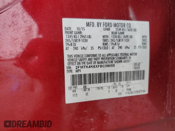 2015 Ford Edge Titanium with VIN 2FMTK4K8XFBC09055, listed as a Copart auction lot 43807355 with 99,591 mi miles and Salvage Title. Bid and sale history available at carsss.com. Image 16.