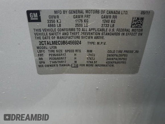2011 GMC Terrain SLE-1 with VIN 2CTALMEC9B6456924, listed as a Copart auction lot 58841595 with 72,165 mi miles and Salvage title. Bid and sale history available at DreamBid. Image 12.