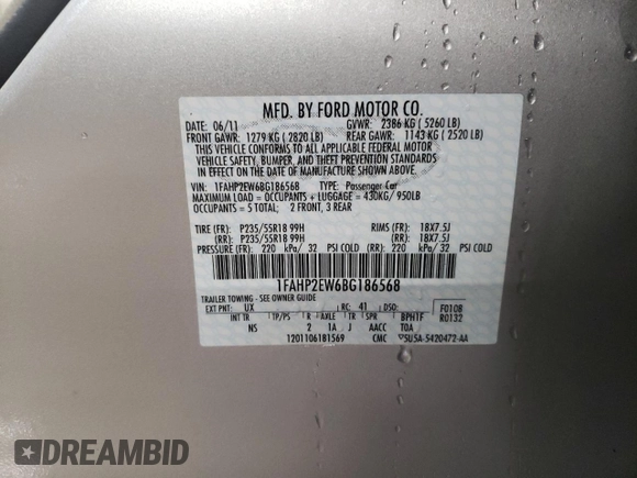 2011 Ford Taurus SEL with VIN 1FAHP2EW6BG186568, listed as a Copart auction lot 45344075 with 29,800 mi miles and Salvage Title. Bid and sale history available at carsss.com. Image 12.