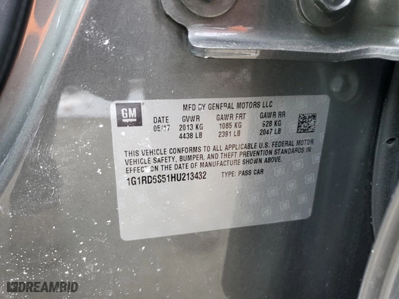 2017 Chevrolet Volt Premier with VIN 1G1RD6S51HU213432, listed as a Copart auction lot 44409775 with 83,256 mi miles and Salvage Title. Bid and sale history available at carsss.com. Image 12.